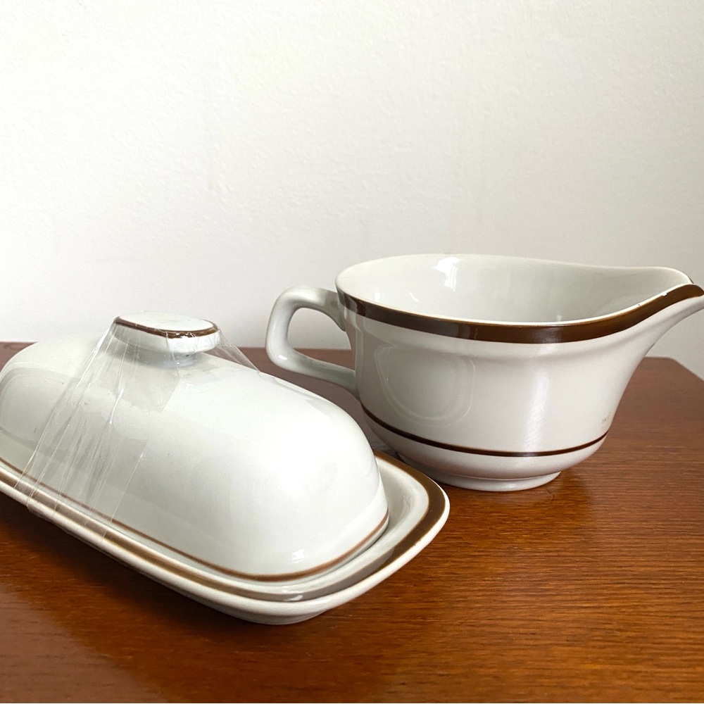 Antique White and Brown Gravy Boat + Butter Dish Set